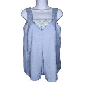 Vintage 70s Maternity Top Tank Womens Size Small Blue Embroidered Flowers